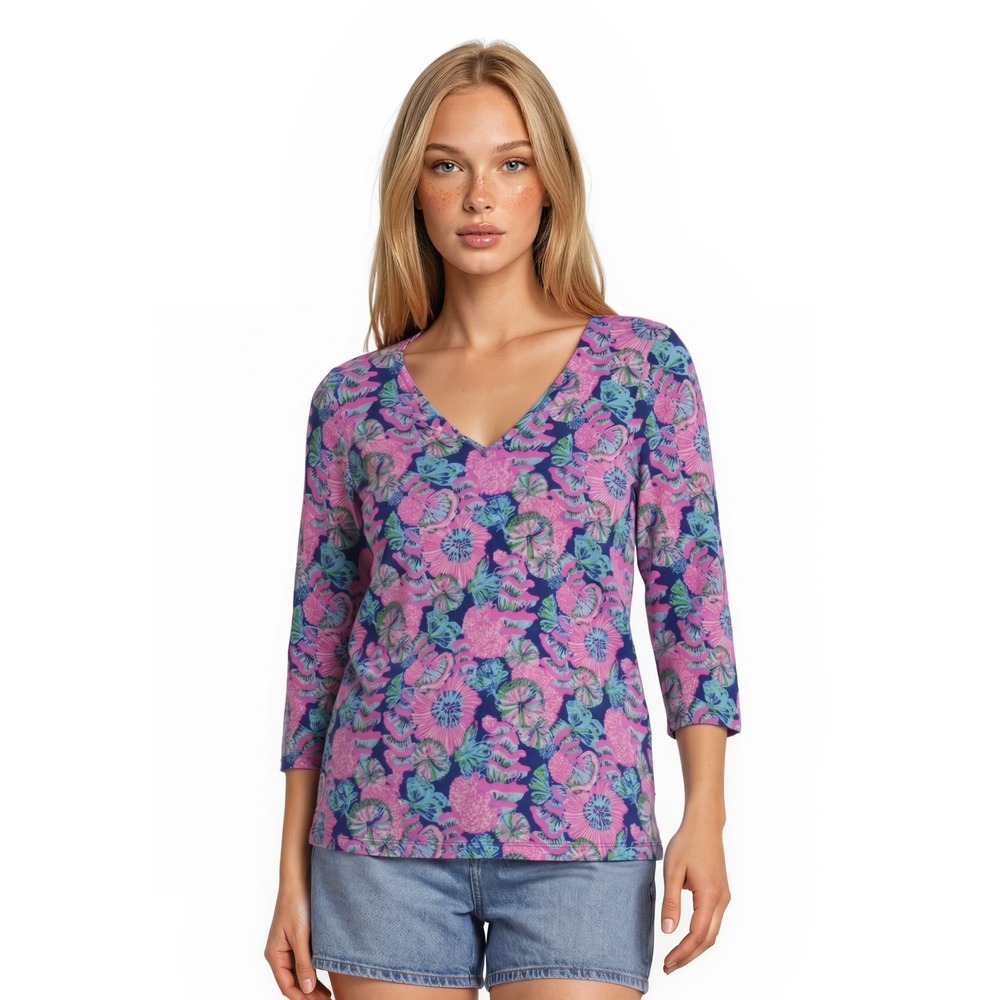 Lilly Pulitzer Etta Top Women's Size Medium Navy Pink Floral V Neck Blouse